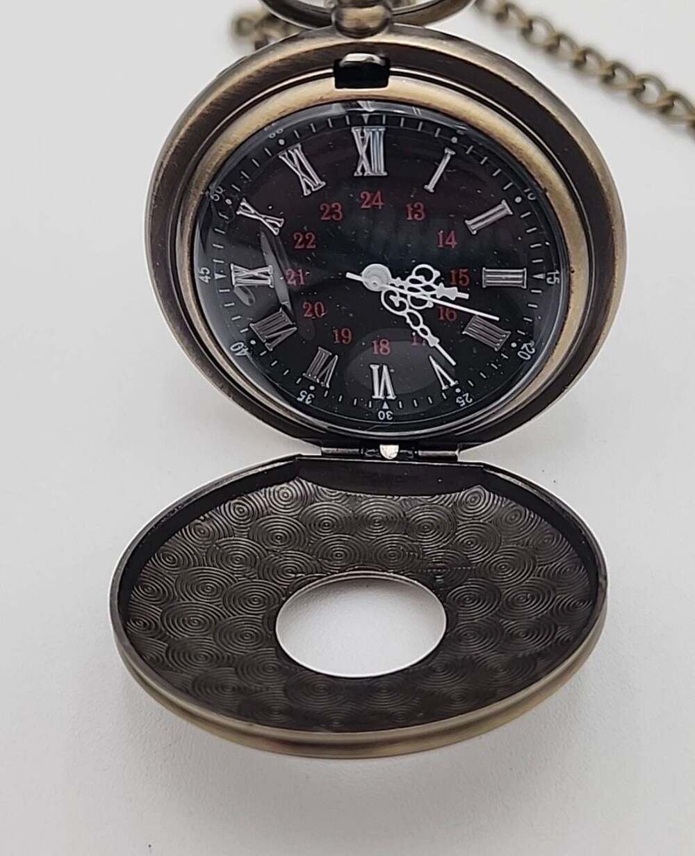 Vintage Style Quartz Pocket Watch with Bronze Tone Floral Engraved Case and Roma